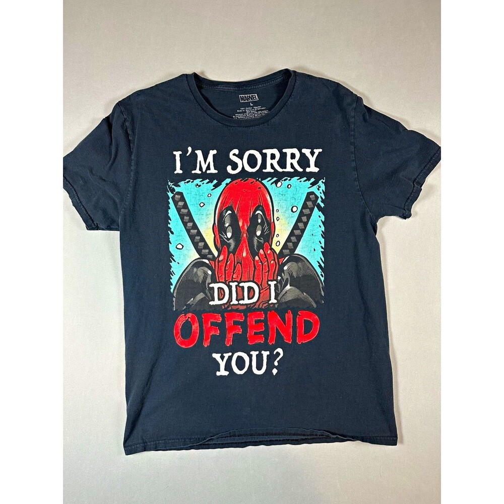 Marvel Deadpool I'm Sorry Did I Offend You? Mens L Black Cotton Crew Tee